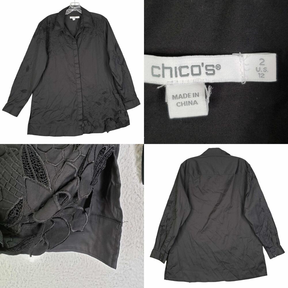 Chicos Button Up Shirt Womens 2 Size Large Black Floral Long Sleeve Collared